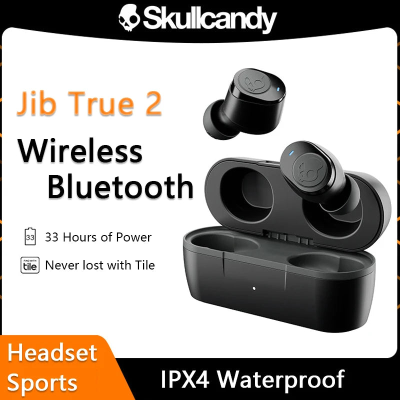 Skullcandy-True 2 Earbuds sem fio Bluetooth com microfone, fone de ouvido IPX4 impermeável, fone de ouvido esportivo, iPhone, Android, bateria 33 h
