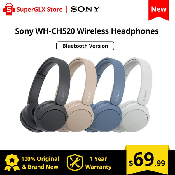 Sony-fones de ouvido sem fio Bluetooth, fone de ouvido original com microfone, até 50 horas de duração da bateria, WH-CH520, 2023