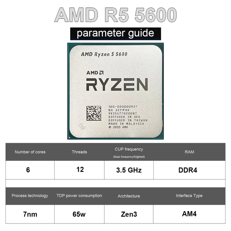 Soquete do processador de jogos AMD Ryzen 5 com ventilador, CPU R5 5600, Processador de jogo, AM4, 6 núcleos, 12 thread, 65W, DDR4, Versão para desktop