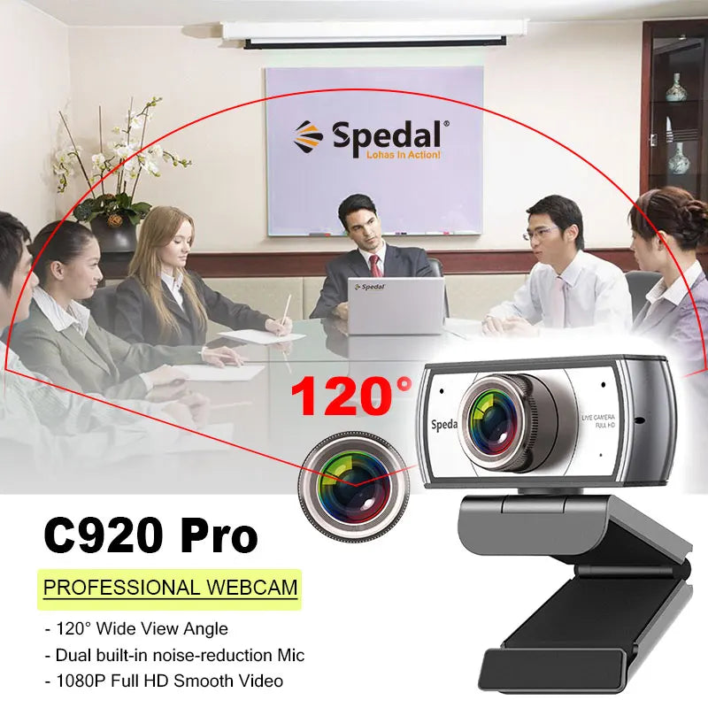 Spedal-C920Pro Webcam de ângulo largo, ângulo de 120 °, 1080P, Full HD com microfone, USB, reunião de videoconferência, laptop, Mac, PC