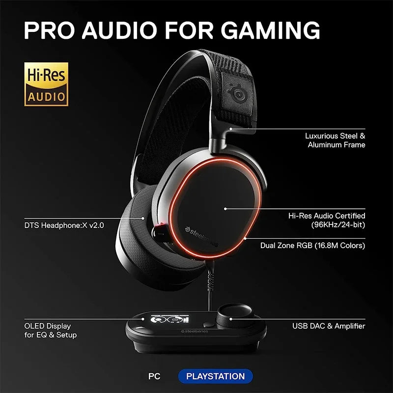 SteelSeries-Arctis Pro Plus Gaming Headset, GameDAC, Amp, Certificado, Alta Resolução, Dedicado ao Áudio, PS5, PS4, PC