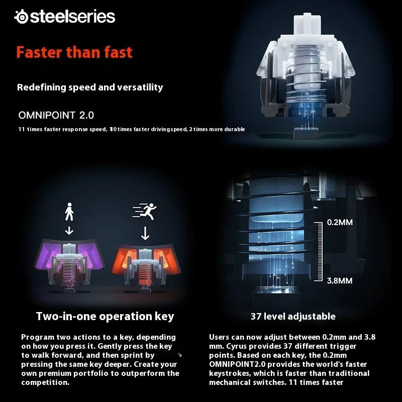 SteelSeries-Mini Wireless E-Sports Gaming Keyboard, Teclado Mecânico Ajustável, Teclados Ajustáveis, OLED, Eixo Magnético, Tri-mode, Apex Pro, 104 Chaves