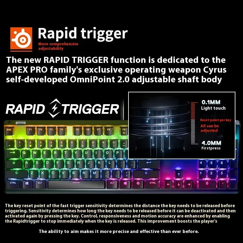 SteelSeries-Mini Wireless E-Sports Gaming Keyboard, Teclado Mecânico Ajustável, Teclados Ajustáveis, OLED, Eixo Magnético, Tri-mode, Apex Pro, 104 Chaves