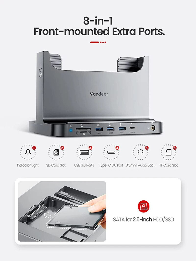 Suporte de plástico para Mac Mini, 8 em 1 Dock Station Suporte com adaptador de energia USB 3.0 Port Tipo C Hub para transferência de dados