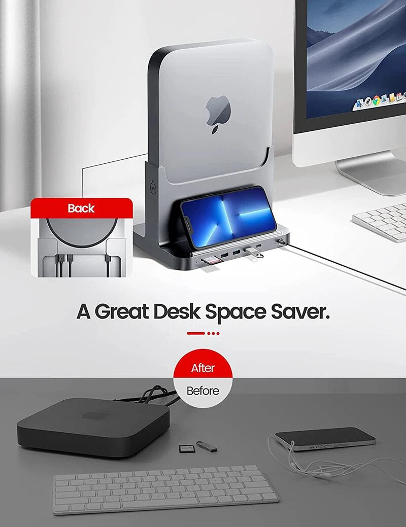 Suporte de plástico para Mac Mini, 8 em 1 Dock Station Suporte com adaptador de energia USB 3.0 Port Tipo C Hub para transferência de dados