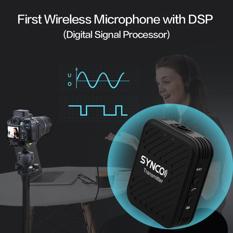 Synco g1 (a1) 2.4g sistema de microfone sem fio com receptor transmissor microfone 70m faixa de transmissão 3.5mm plug