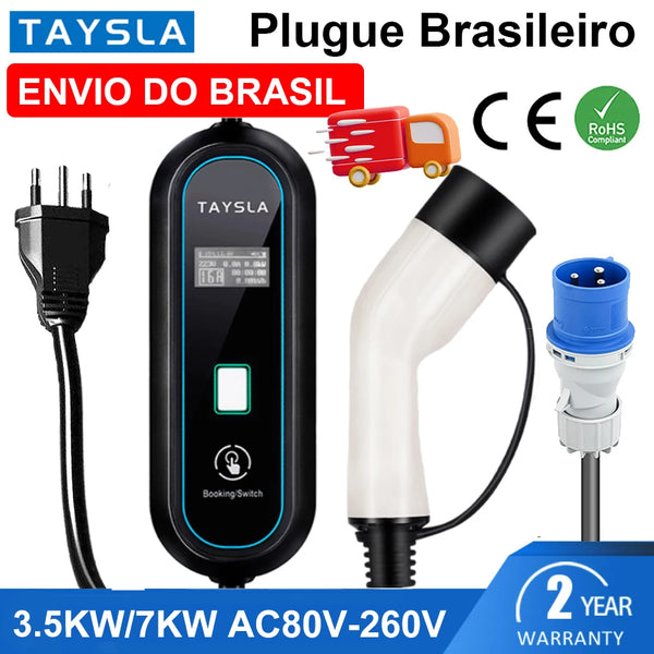 TAYSLA-Carregador EV Portátil para Veículos Elétricos, Tipo 2, 32A, 7kW, 3.5kW, 16A, 80V-260V, BR Plug