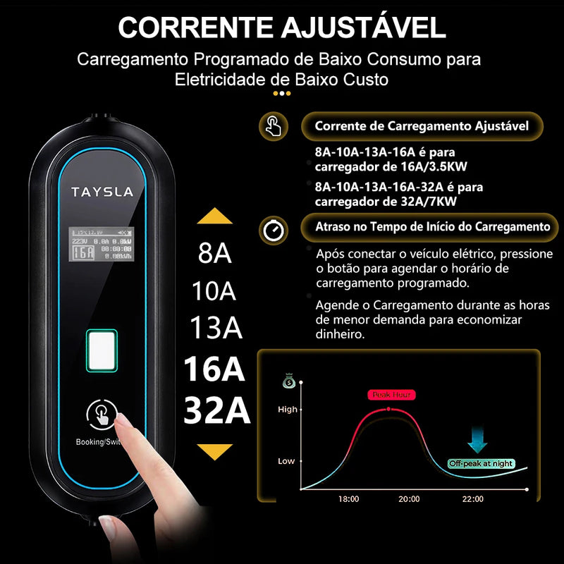 TAYSLA-Carregador EV Portátil para Veículos Elétricos, Tipo 2, 32A, 7kW, 3.5kW, 16A, 80V-260V, BR Plug