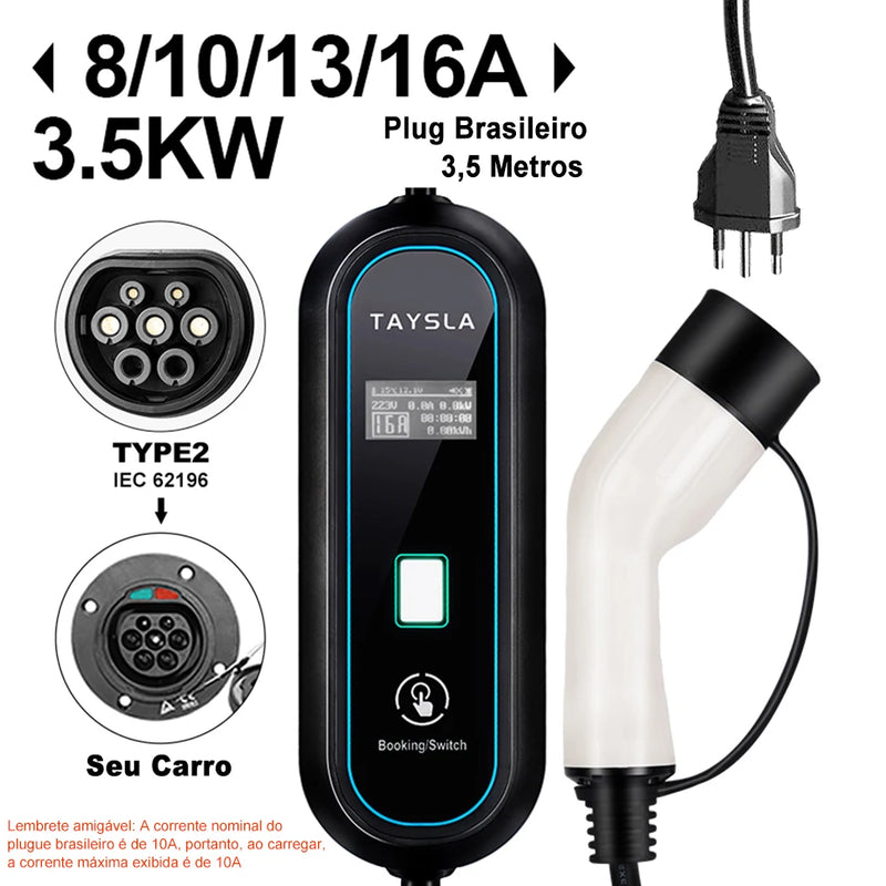TAYSLA-Carregador EV Portátil para Veículos Elétricos, Tipo 2, 32A, 7kW, 3.5kW, 16A, 80V-260V, BR Plug