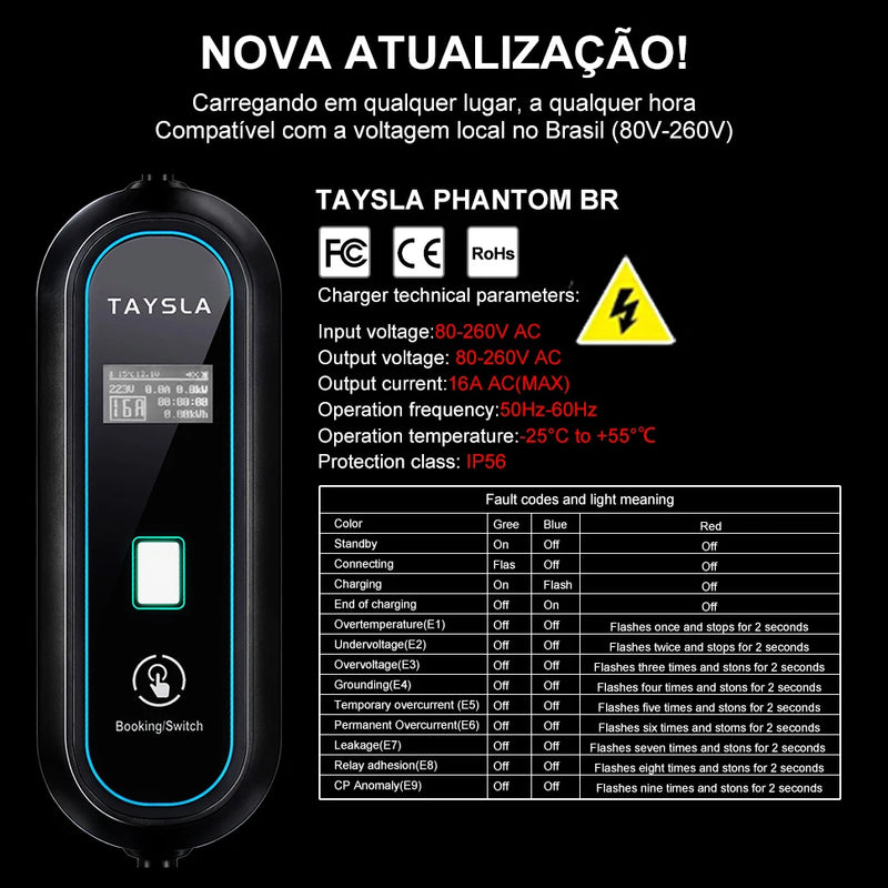 TAYSLA-Carregador EV Portátil para Veículos Elétricos, Tipo 2, 32A, 7kW, 3.5kW, 16A, 80V-260V, BR Plug