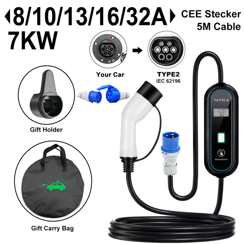 TAYSLA-Carregador EV Portátil para Veículos Elétricos, Tipo 2, 32A, 7kW, 3.5kW, 16A, 80V-260V, BR Plug