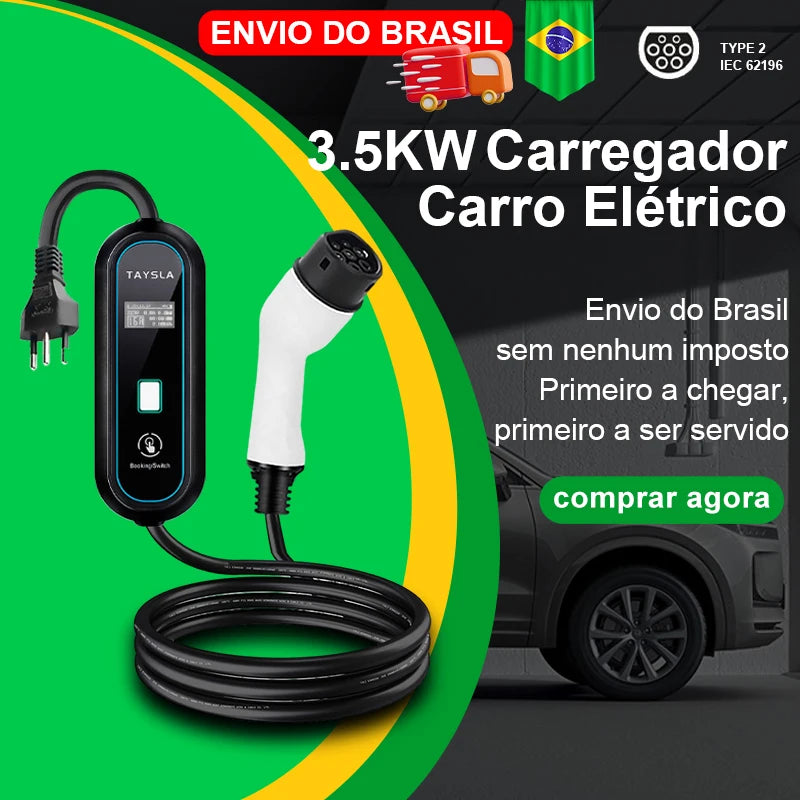TAYSLA-Carregador EV Portátil para Veículos Elétricos, Tipo 2, 32A, 7kW, 3.5kW, 16A, 80V-260V, BR Plug