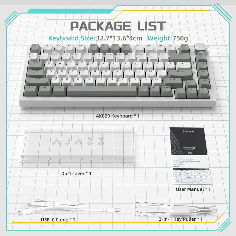 Teclado mecânico do tubarão do ataque com botão, Junta AJAZZ AK820, Espuma de 5 camadas, Interruptor Linear Hot-Swap, 75% Layout ANSI