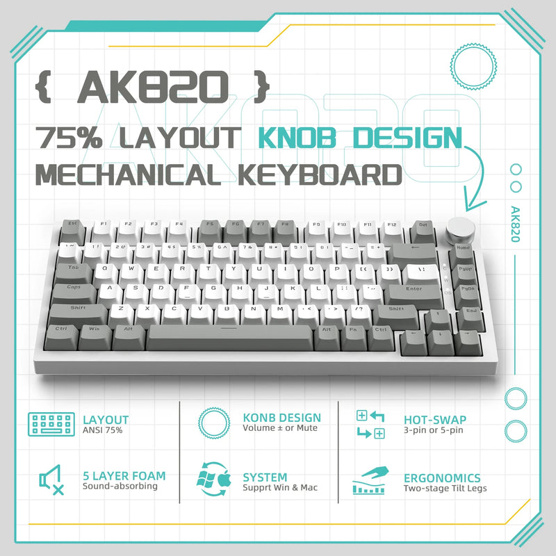 Teclado mecânico do tubarão do ataque com botão, Junta AJAZZ AK820, Espuma de 5 camadas, Interruptor Linear Hot-Swap, 75% Layout ANSI