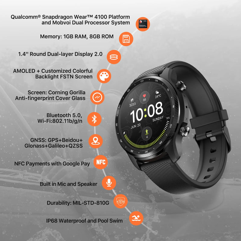 TicWatch Pro 3 Ultra GPS Wear OS Smartwatch Masculino Qualcomm 4100 Mobvoi Sistema de Processador Duplo Relógio Monitoramento de Oxigênio no Sangue