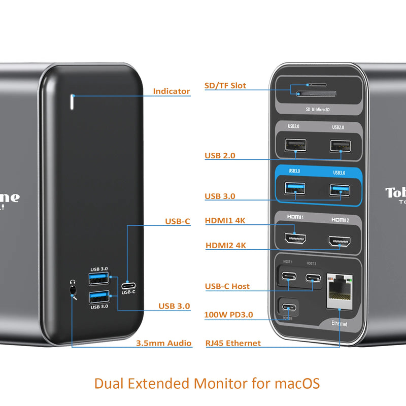 Tobenone-docking station para macbook pro/air 13 em 1, com rj45, usb 3.0, pd, 100w, hub 4k, dual hdmi