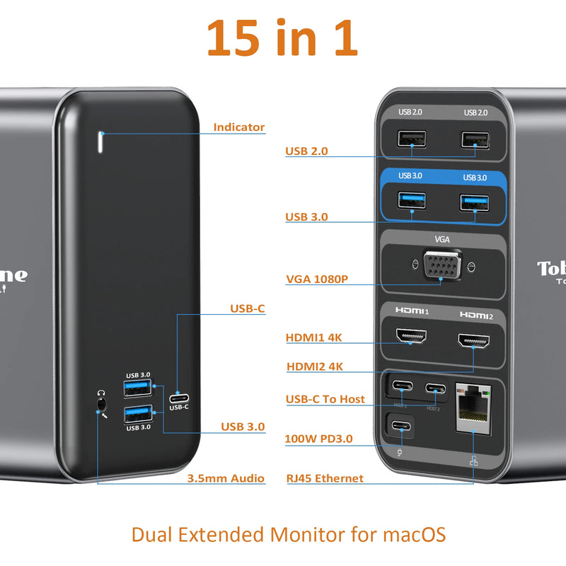 Tobenone-docking station para macbook pro/air 13 em 1, com rj45, usb 3.0, pd, 100w, hub 4k, dual hdmi