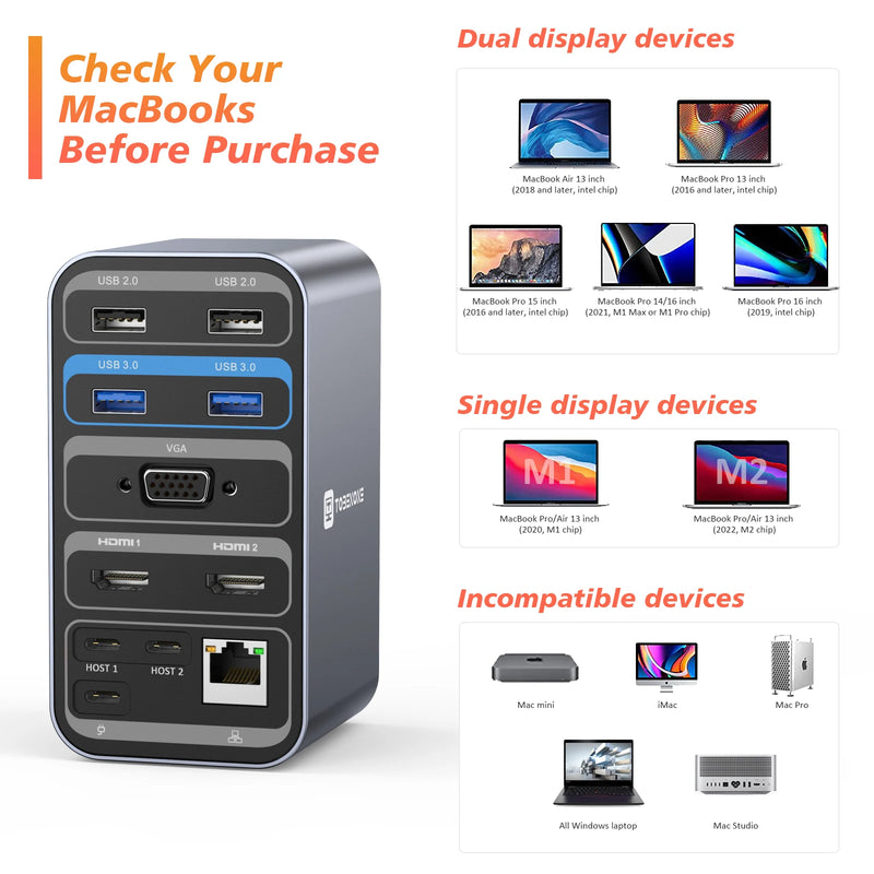 Tobenone-docking station para macbook pro/air 13 em 1, com rj45, usb 3.0, pd, 100w, hub 4k, dual hdmi