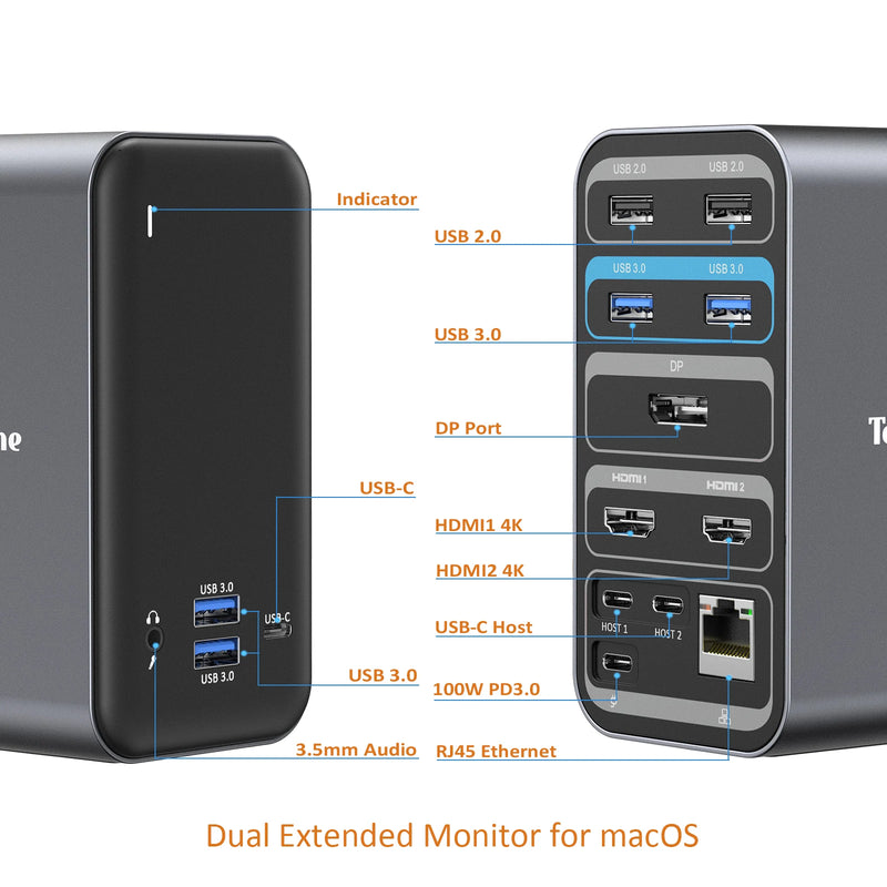 Tobenone-docking station para macbook pro/air 13 em 1, com rj45, usb 3.0, pd, 100w, hub 4k, dual hdmi