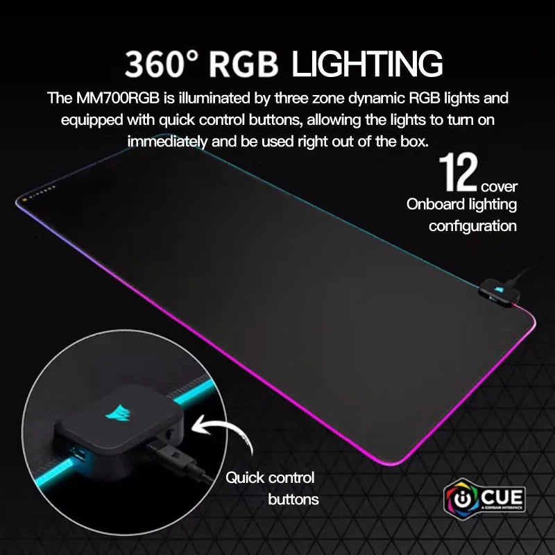 USCORSAIR-RGB Oversized Gaming Mouse Pad, ilusão de 3 zonas Backlight Desk Pad, Preto, MM700, 930x400x4mm
