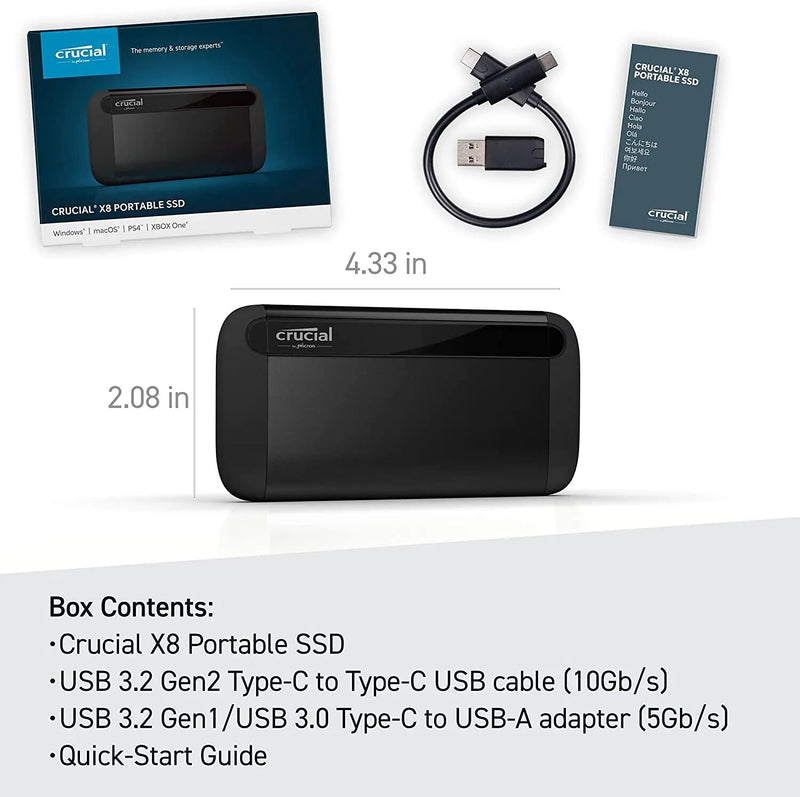 Unidade de estado sólido externa crucial, SSD portátil até 1050 mbps, USB 3.2, USB-C, USB-A, X8, 1TB, 2TB, original