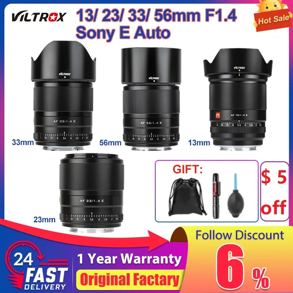 Viltrox Ultra Wide Angle Camera Lens, APS-C Lens para Sony E-Mount, A6400, A7III, A7R, 13mm, 23mm, 33mm, 56mm, F1.4, Sony E Auto Focus