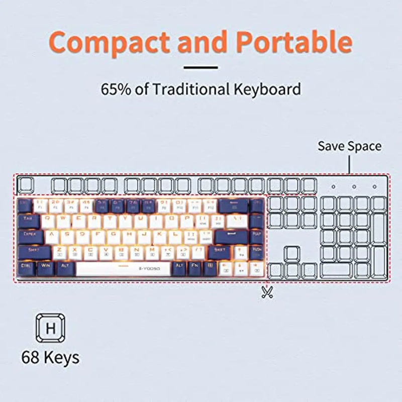 Z-686 teclado mecânico do jogo com fio 68-chave teclado azul interruptor led backlight destacável cabo separado setas branco/azul