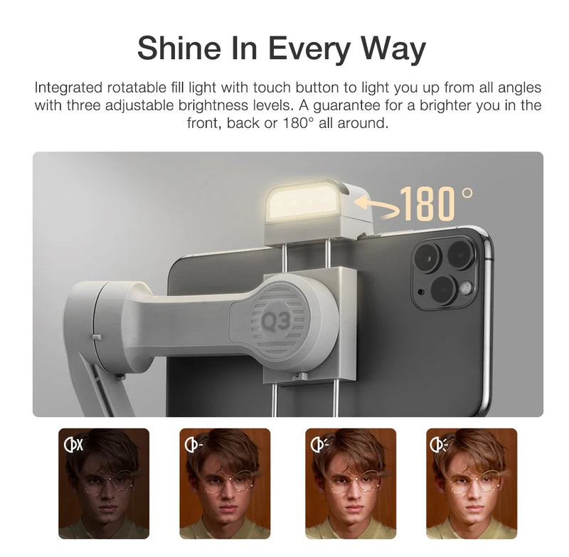 Zhiyun suave q3 estabilizar marthones cardan 3-axis telefone flexível com luz de preenchimento para iphone xiaomi samsung android