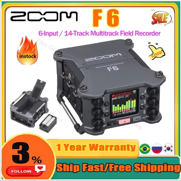 Zoom F6 Multitrack Field Recorder, Flutuador Profissional, Pré-amplificadores de Mic, Conversores Dual AD, 32 Bit, 6-Input, 14-Track