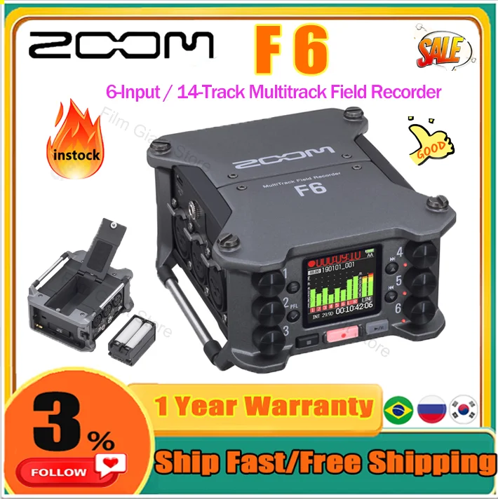 Zoom F6 Multitrack Field Recorder, Flutuador Profissional, Pré-amplificadores de Mic, Conversores Dual AD, 32 Bit, 6-Input, 14-Track