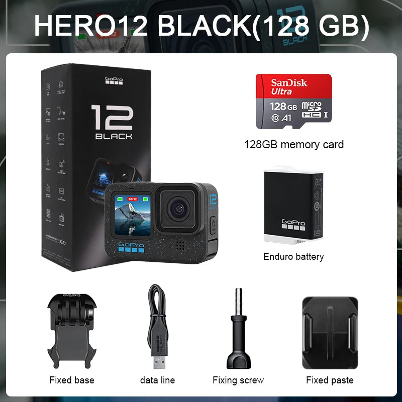 (isenção de direitos) GoPro-HERO12 Câmera de Ação Negra, HyperSmooth6.0, Vídeo 5.3K60fps, 27MP, Capacete Go Pro12, Câmera Esportiva
