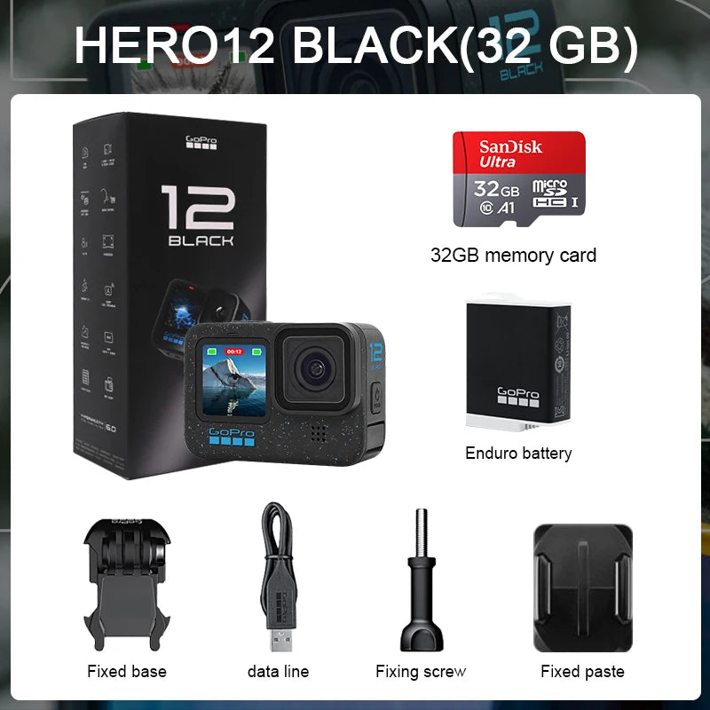 (isenção de direitos) GoPro-HERO12 Câmera de Ação Negra, HyperSmooth6.0, Vídeo 5.3K60fps, 27MP, Capacete Go Pro12, Câmera Esportiva
