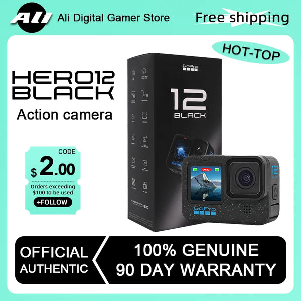 (isenção de direitos) GoPro-HERO12 Câmera de Ação Negra, HyperSmooth6.0, Vídeo 5.3K60fps, 27MP, Capacete Go Pro12, Câmera Esportiva