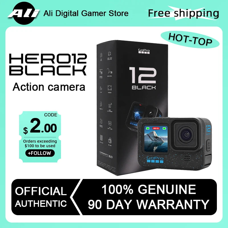 (isenção de direitos) GoPro-HERO12 Câmera de Ação Negra, HyperSmooth6.0, Vídeo 5.3K60fps, 27MP, Capacete Go Pro12, Câmera Esportiva