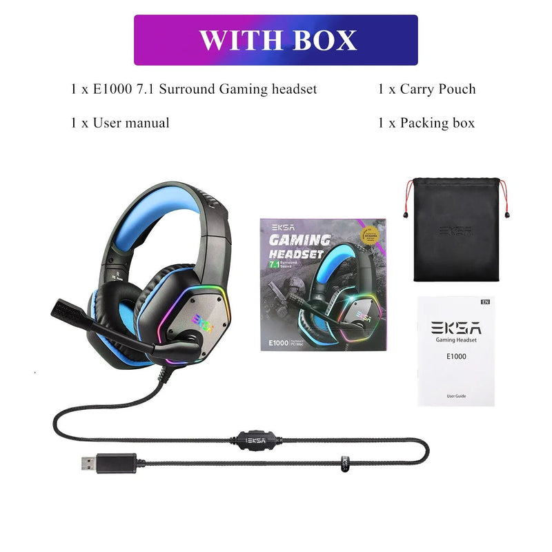 Auscultadores com fio USB Gamer com cancelamento de ruído Mic, Gaming Headset, Surround, RGB, Fit para PC, PS4, PS5, EKSA E1000, 7.1