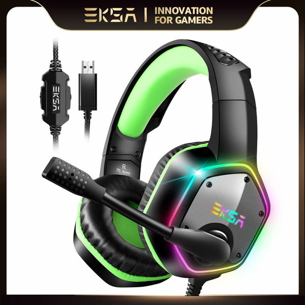 Auscultadores com fio USB Gamer com cancelamento de ruído Mic, Gaming Headset, Surround, RGB, Fit para PC, PS4, PS5, EKSA E1000, 7.1