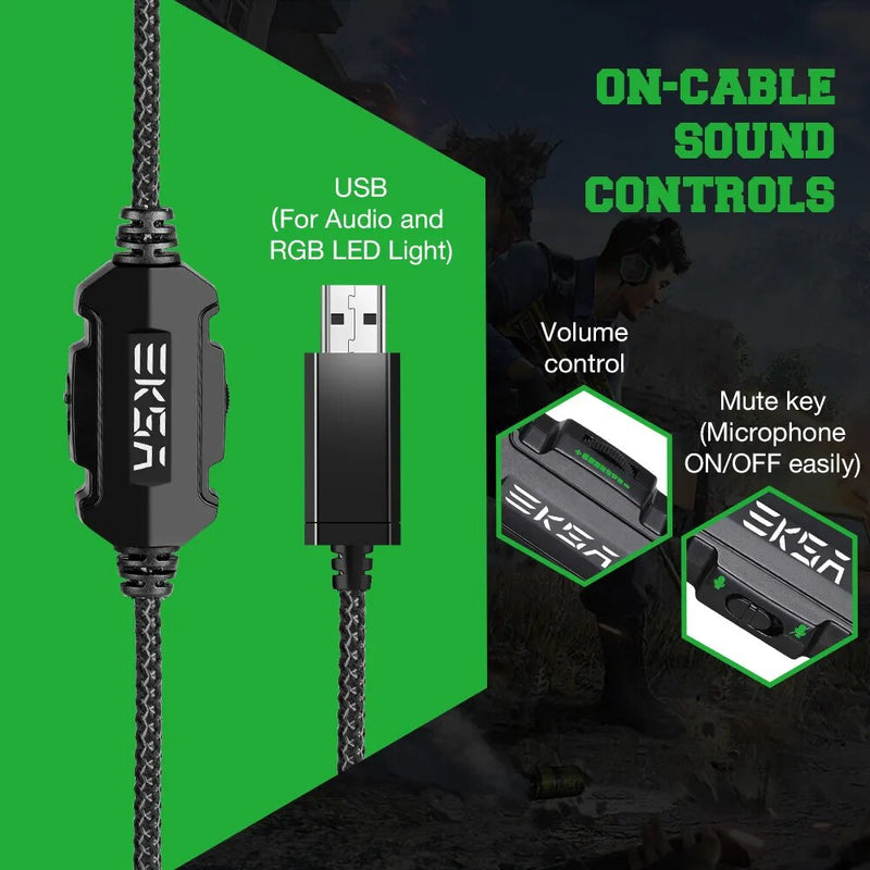 Auscultadores com fio USB Gamer com cancelamento de ruído Mic, Gaming Headset, Surround, RGB, Fit para PC, PS4, PS5, EKSA E1000, 7.1