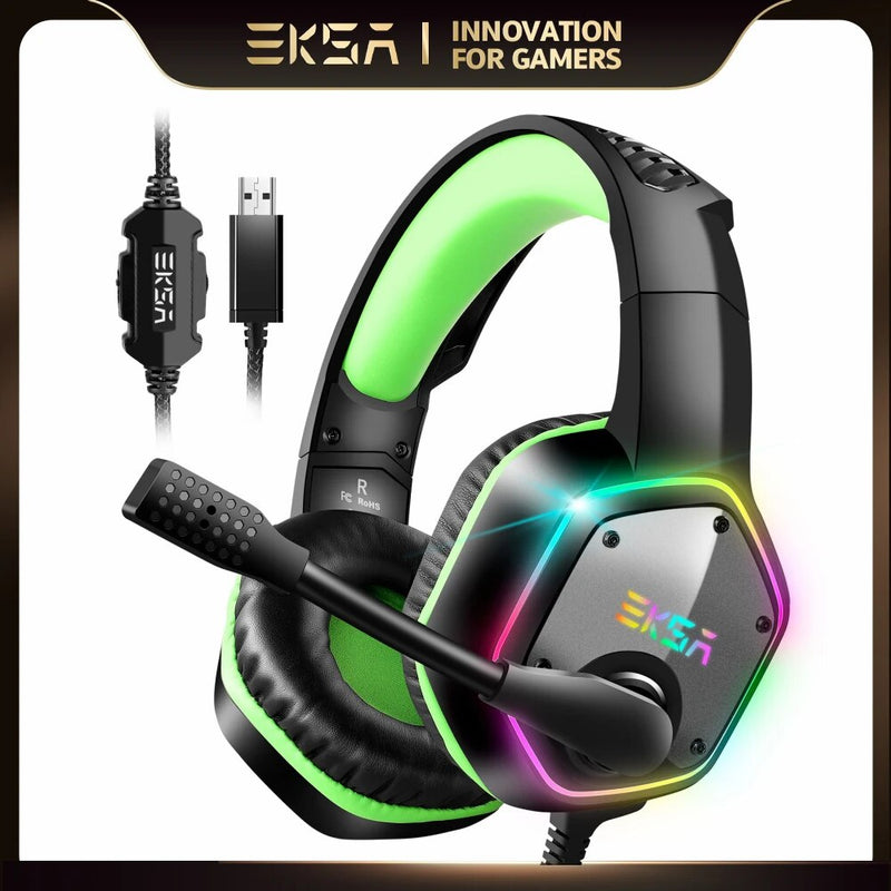 Auscultadores com fio USB Gamer com cancelamento de ruído Mic, Gaming Headset, Surround, RGB, Fit para PC, PS4, PS5, EKSA E1000, 7.1