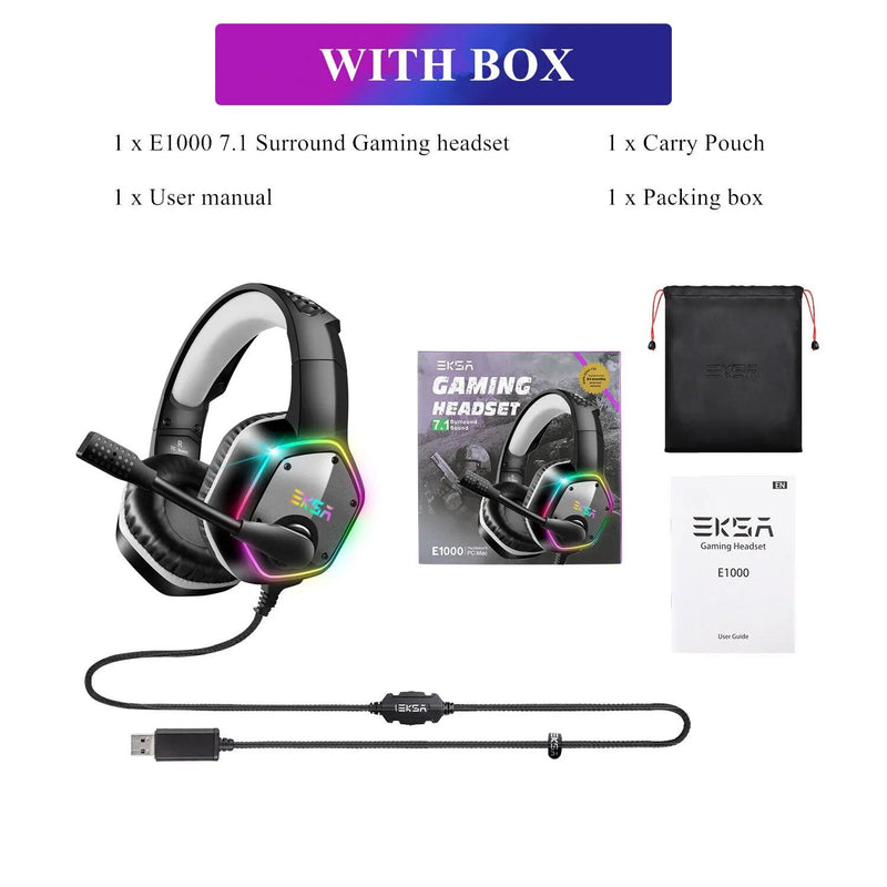 Auscultadores com fio USB Gamer com cancelamento de ruído Mic, Gaming Headset, Surround, RGB, Fit para PC, PS4, PS5, EKSA E1000, 7.1