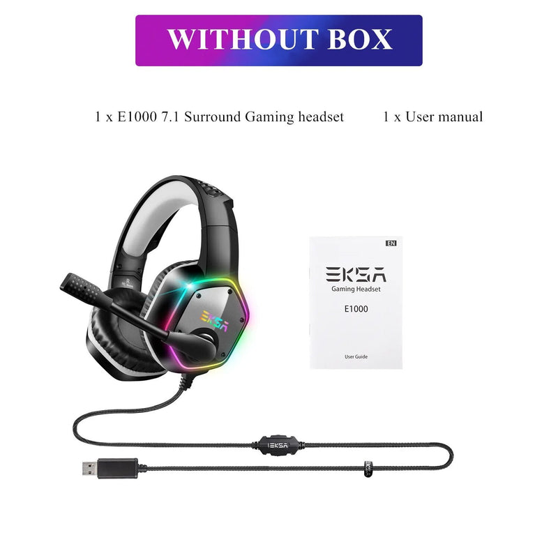Auscultadores com fio USB Gamer com cancelamento de ruído Mic, Gaming Headset, Surround, RGB, Fit para PC, PS4, PS5, EKSA E1000, 7.1