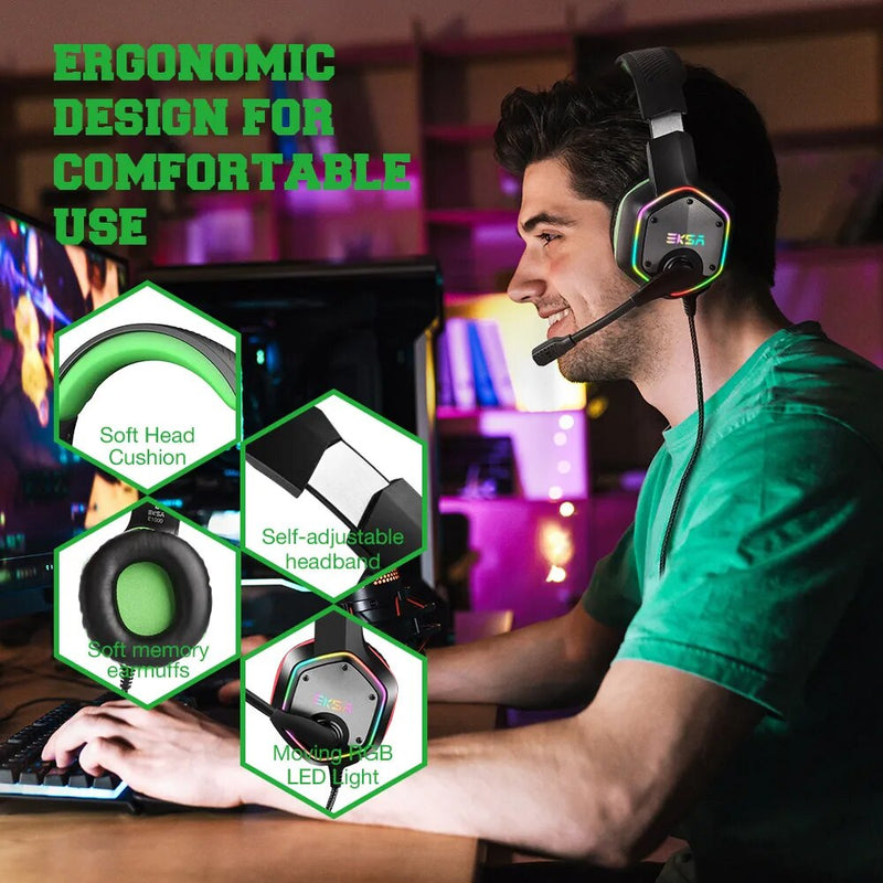 Auscultadores com fio USB Gamer com cancelamento de ruído Mic, Gaming Headset, Surround, RGB, Fit para PC, PS4, PS5, EKSA E1000, 7.1