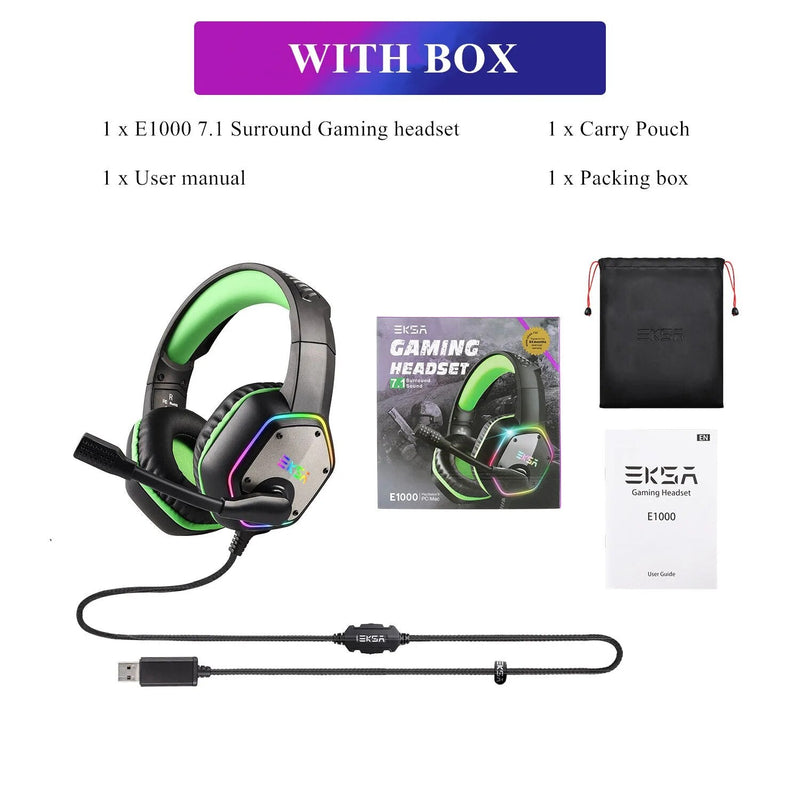 Auscultadores com fio USB Gamer com cancelamento de ruído Mic, Gaming Headset, Surround, RGB, Fit para PC, PS4, PS5, EKSA E1000, 7.1