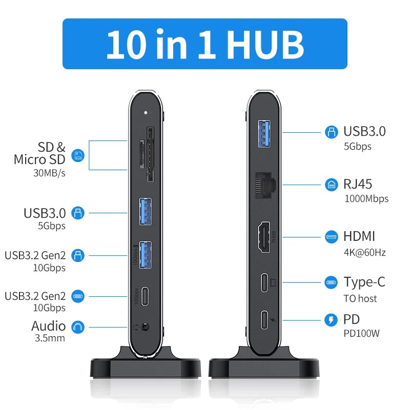 Capacidade USB C HUB Docking Station, 4K60Hz, HDMI, Leitor de Cartão D100W, Tipo-C, Adaptador USB 3.0 para o novo MacBook Pro Air Laptop