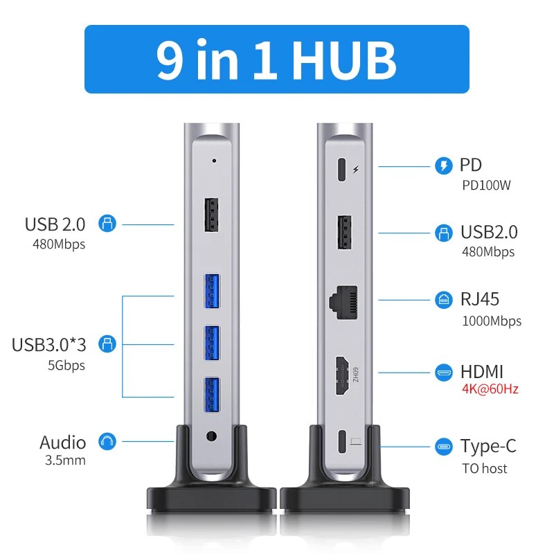 Capacidade USB C HUB Docking Station, 4K60Hz, HDMI, Leitor de Cartão D100W, Tipo-C, Adaptador USB 3.0 para o novo MacBook Pro Air Laptop