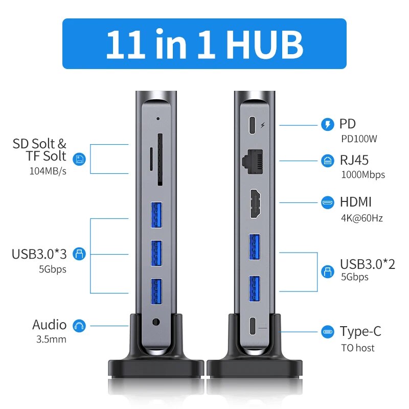 Capacidade USB C HUB Docking Station, 4K60Hz, HDMI, Leitor de Cartão D100W, Tipo-C, Adaptador USB 3.0 para o novo MacBook Pro Air Laptop