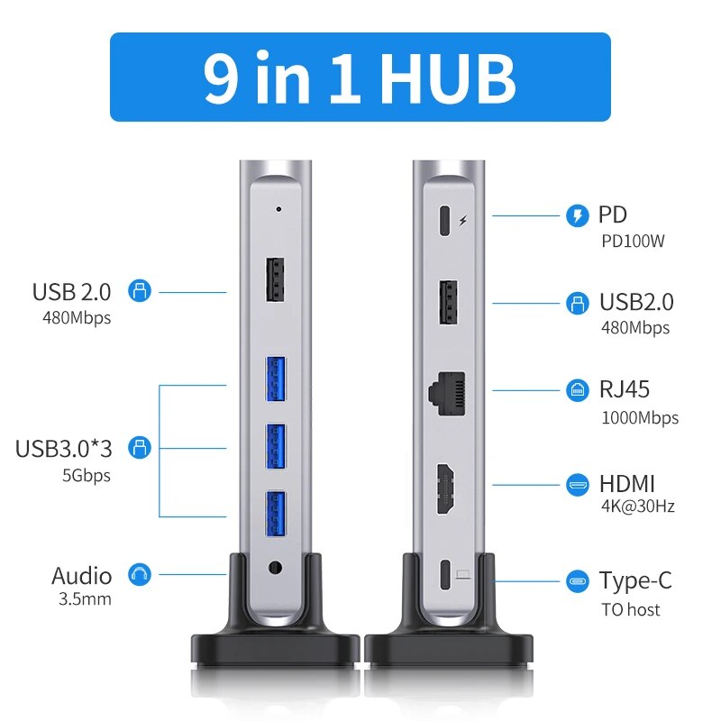 Capacidade USB C HUB Docking Station, 4K60Hz, HDMI, Leitor de Cartão D100W, Tipo-C, Adaptador USB 3.0 para o novo MacBook Pro Air Laptop