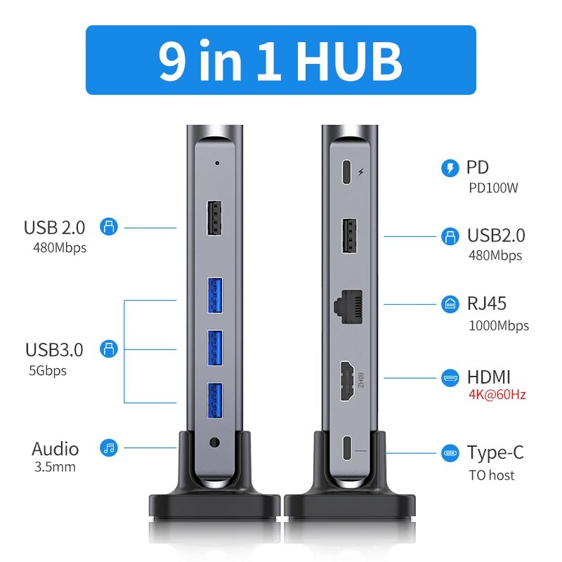 Capacidade USB C HUB Docking Station, 4K60Hz, HDMI, Leitor de Cartão D100W, Tipo-C, Adaptador USB 3.0 para o novo MacBook Pro Air Laptop