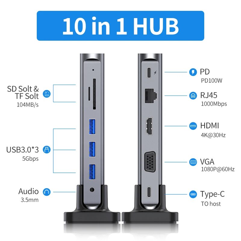 Capacidade USB C HUB Docking Station, 4K60Hz, HDMI, Leitor de Cartão D100W, Tipo-C, Adaptador USB 3.0 para o novo MacBook Pro Air Laptop
