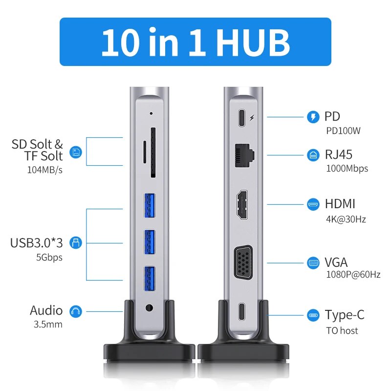Capacidade USB C HUB Docking Station, 4K60Hz, HDMI, Leitor de Cartão D100W, Tipo-C, Adaptador USB 3.0 para o novo MacBook Pro Air Laptop
