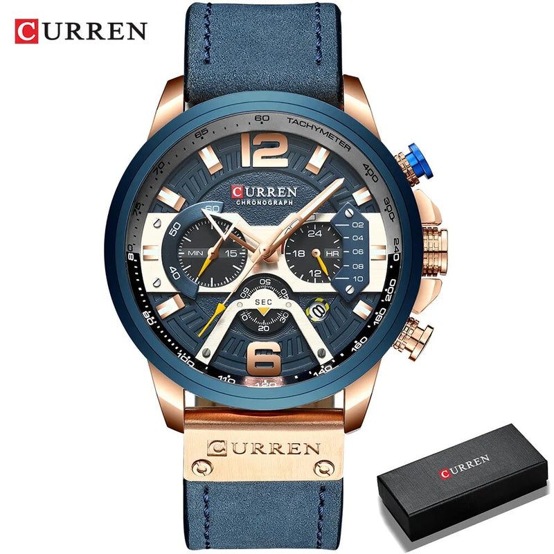 Curren-relógio de pulso esportivo masculino, casual, luxo, militar, couro, cronógrafo, moda, marca top